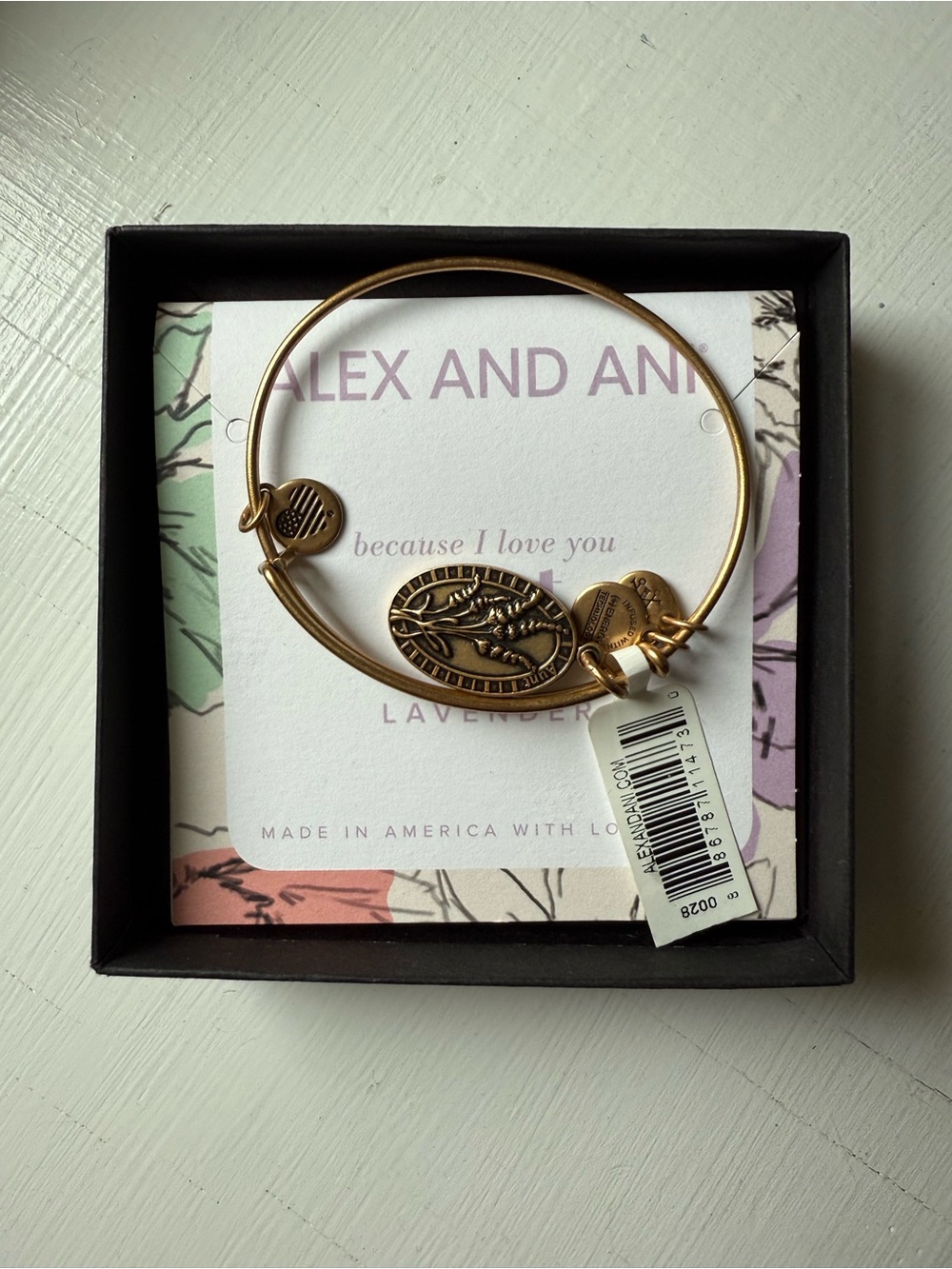 Alex and Ani Gold Tone Lavender Aunt Because I Love You Charm Bangle Bracelet NW